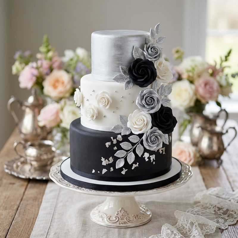 Black White and Silver Rose Wedding Cake