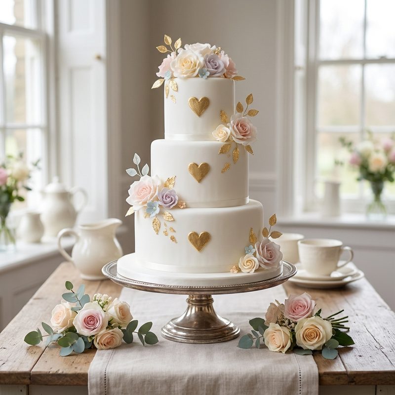 Gold Hearts Three Tier Wedding Cake