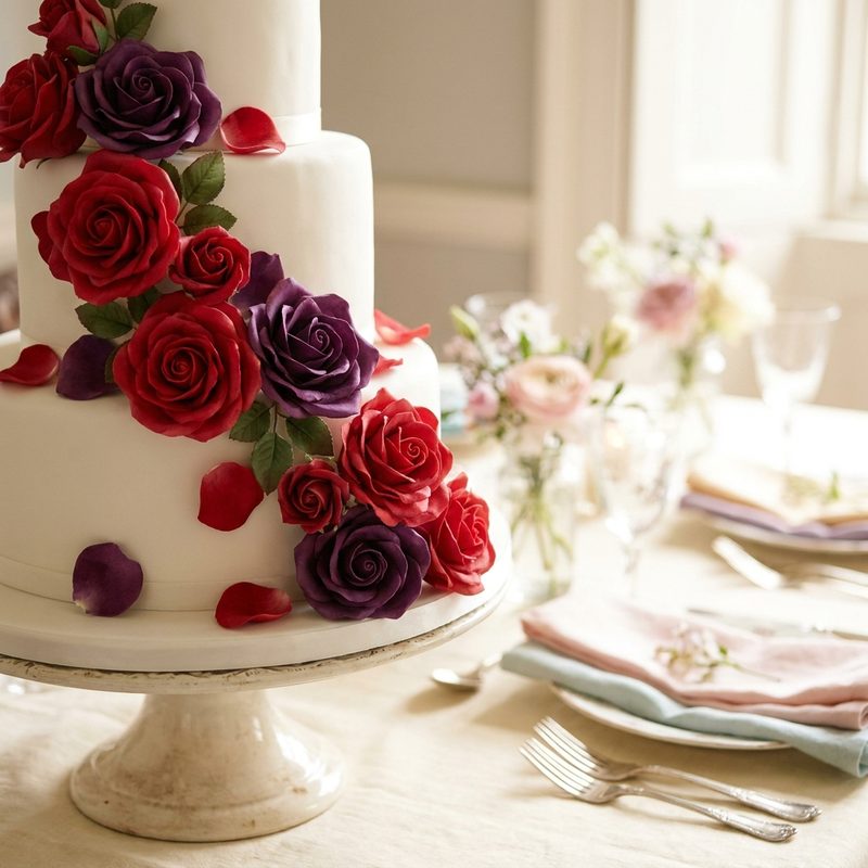 Red Purple Rose Draped Wedding Cake