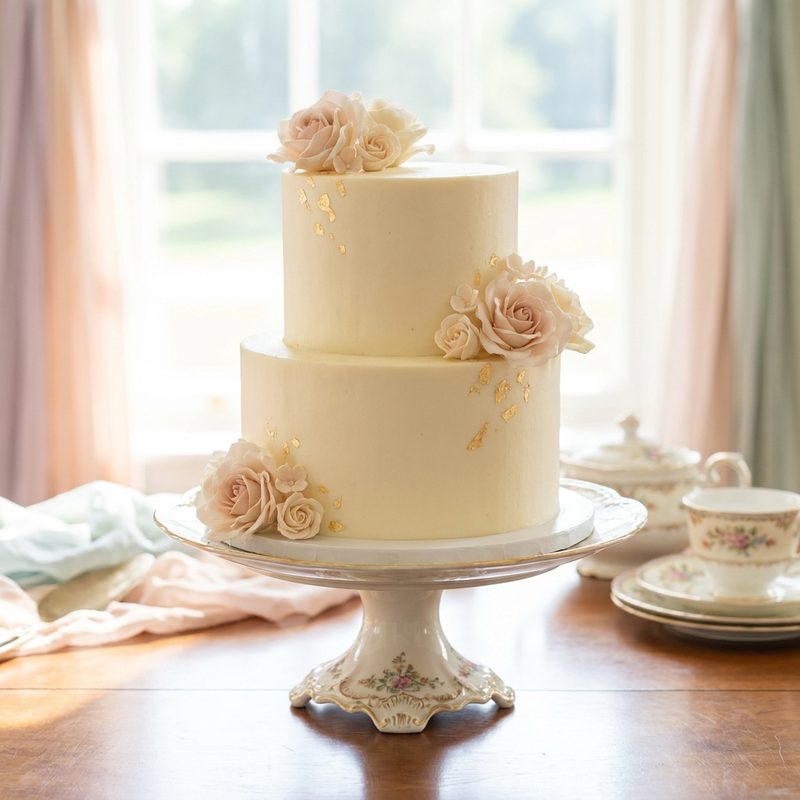 Two Tier Ivory Gold Wedding Cake