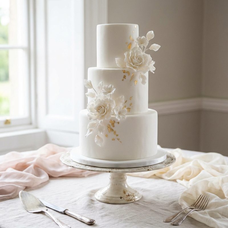 White Flowers with a Gold Tinge Wedding Cake