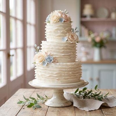 Ivory Ruffles Three Tier Wedding Cake