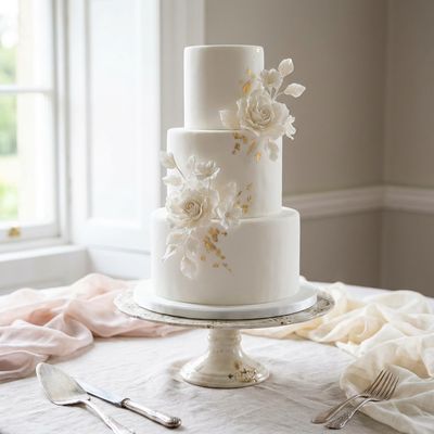 White Flowers with a Gold Tinge Wedding Cake